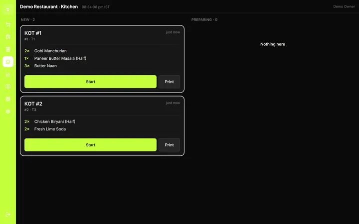 DineOS kitchen display showing two new KOT tickets with items and Start buttons