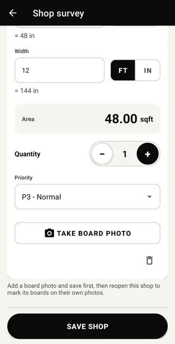 Field app board measurement showing a 48 square foot area