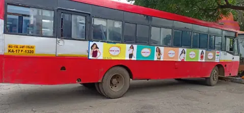 Row of soap brand panels on the side of a bus